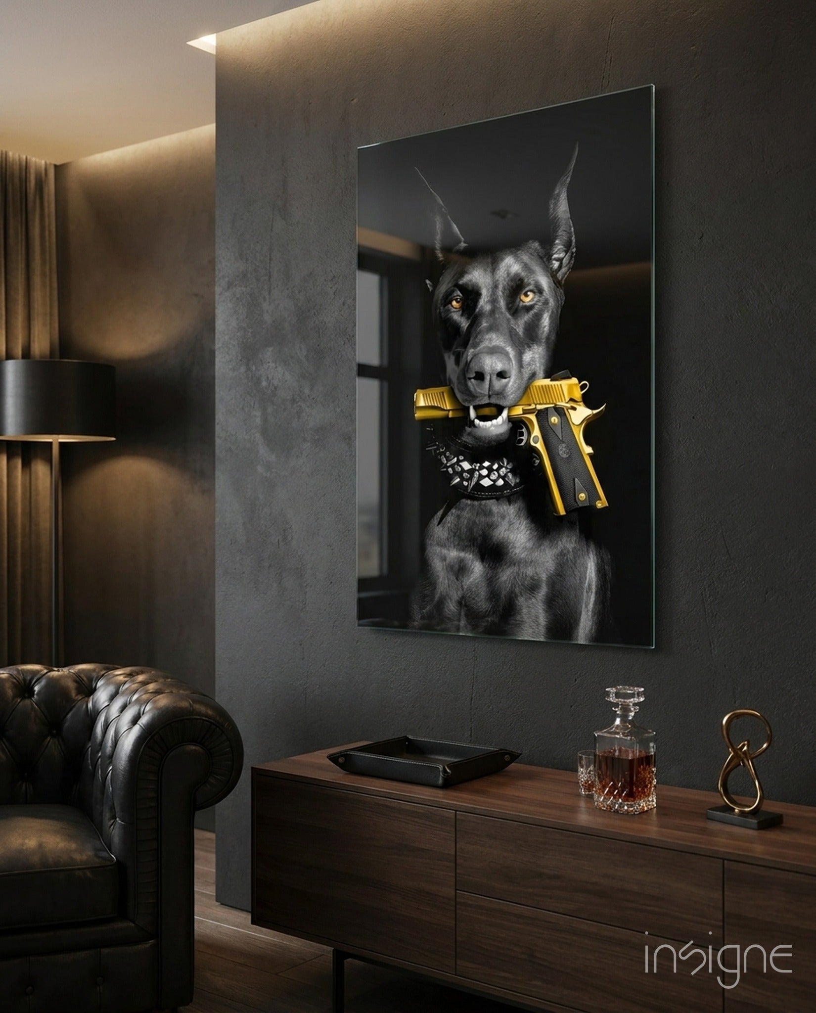 Doberman noir portrait glass wall art