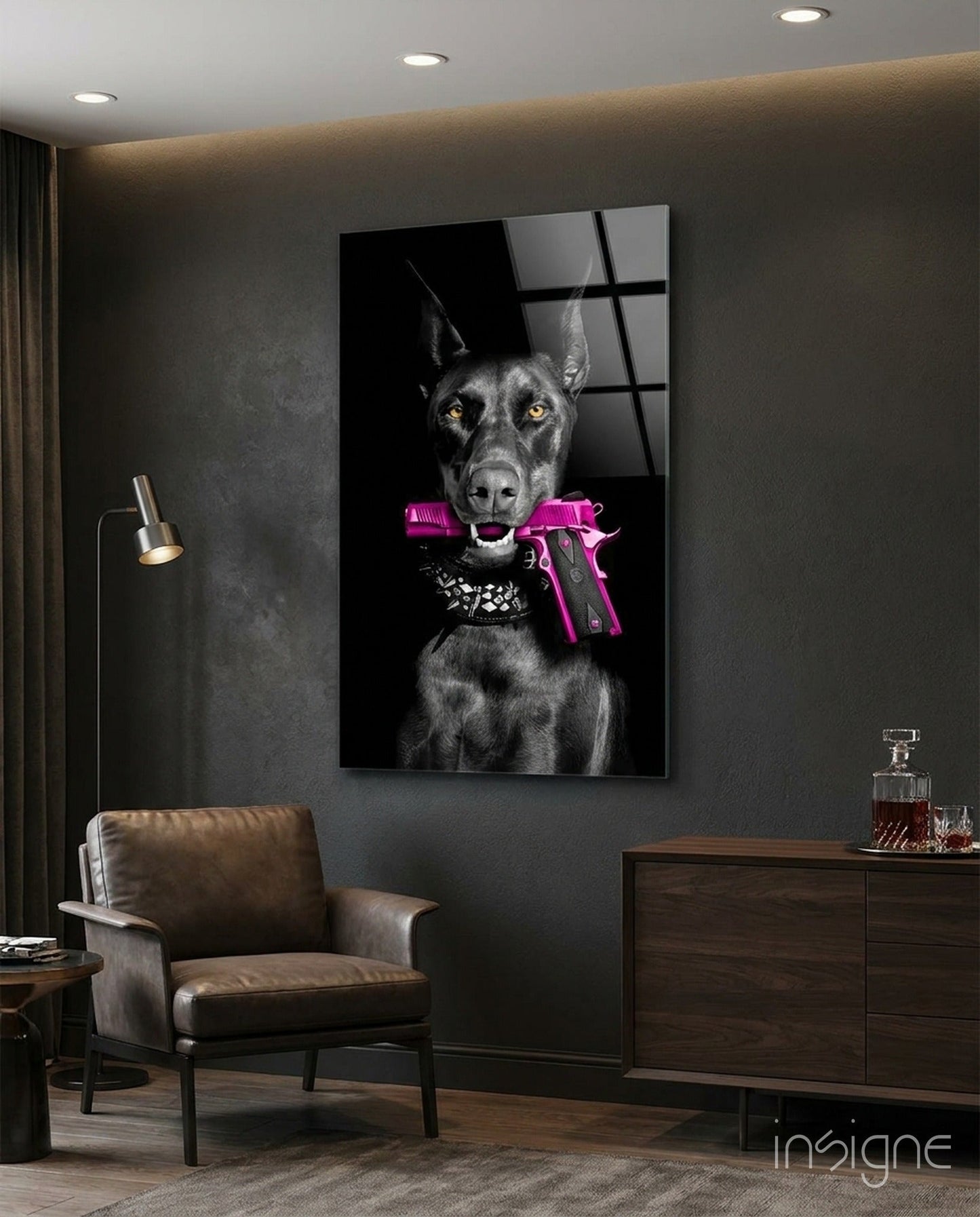 Doberman pink noir portrait glass wall art