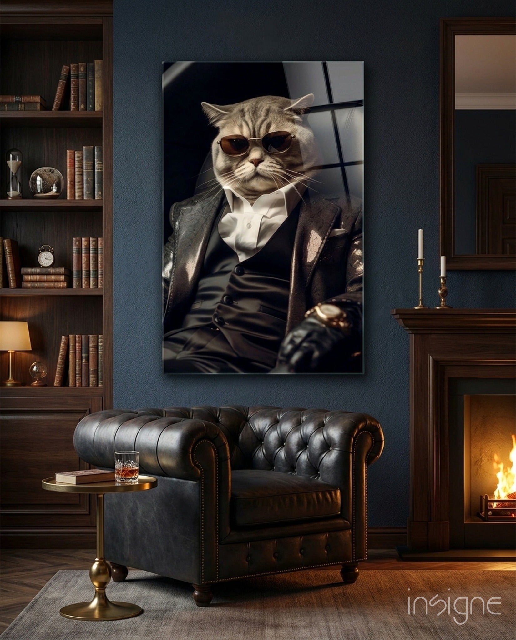 The Boss glass wall art sunglasses cat
