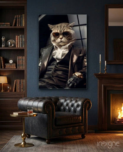 The Boss glass wall art sunglasses cat