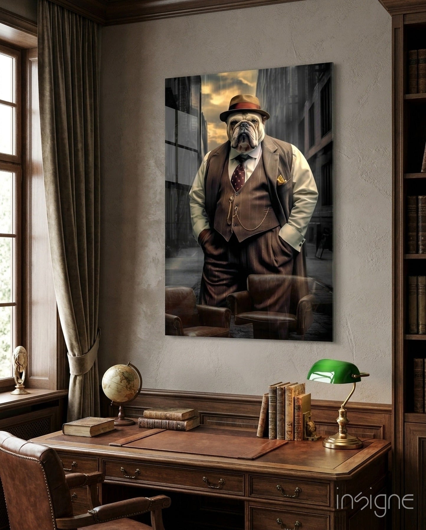 Bulldog in a suit glass wall art vintage portrait
