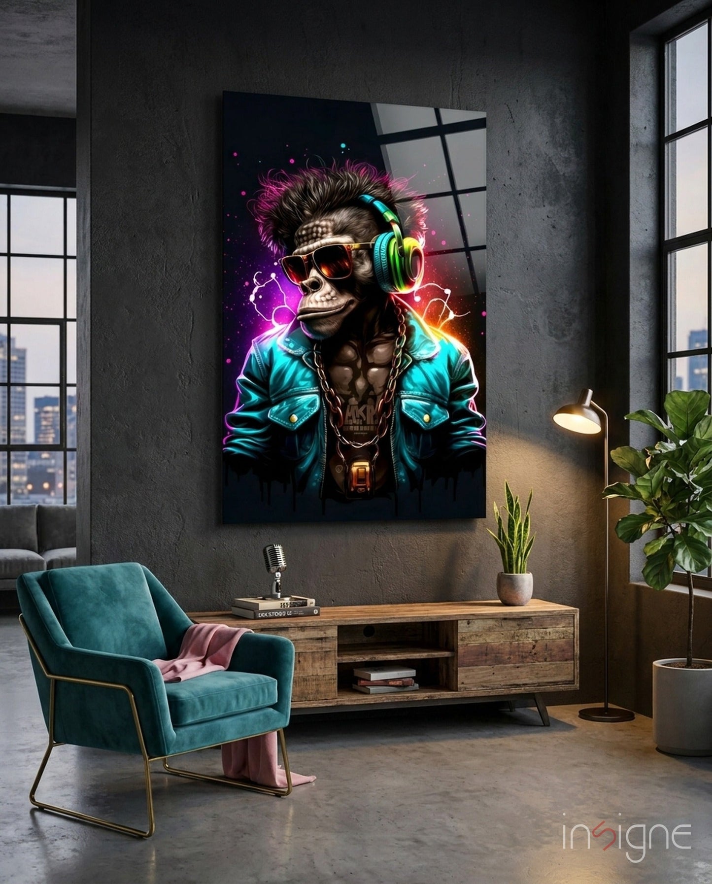 Feel the Music glass wall art with neon skull streetwear character