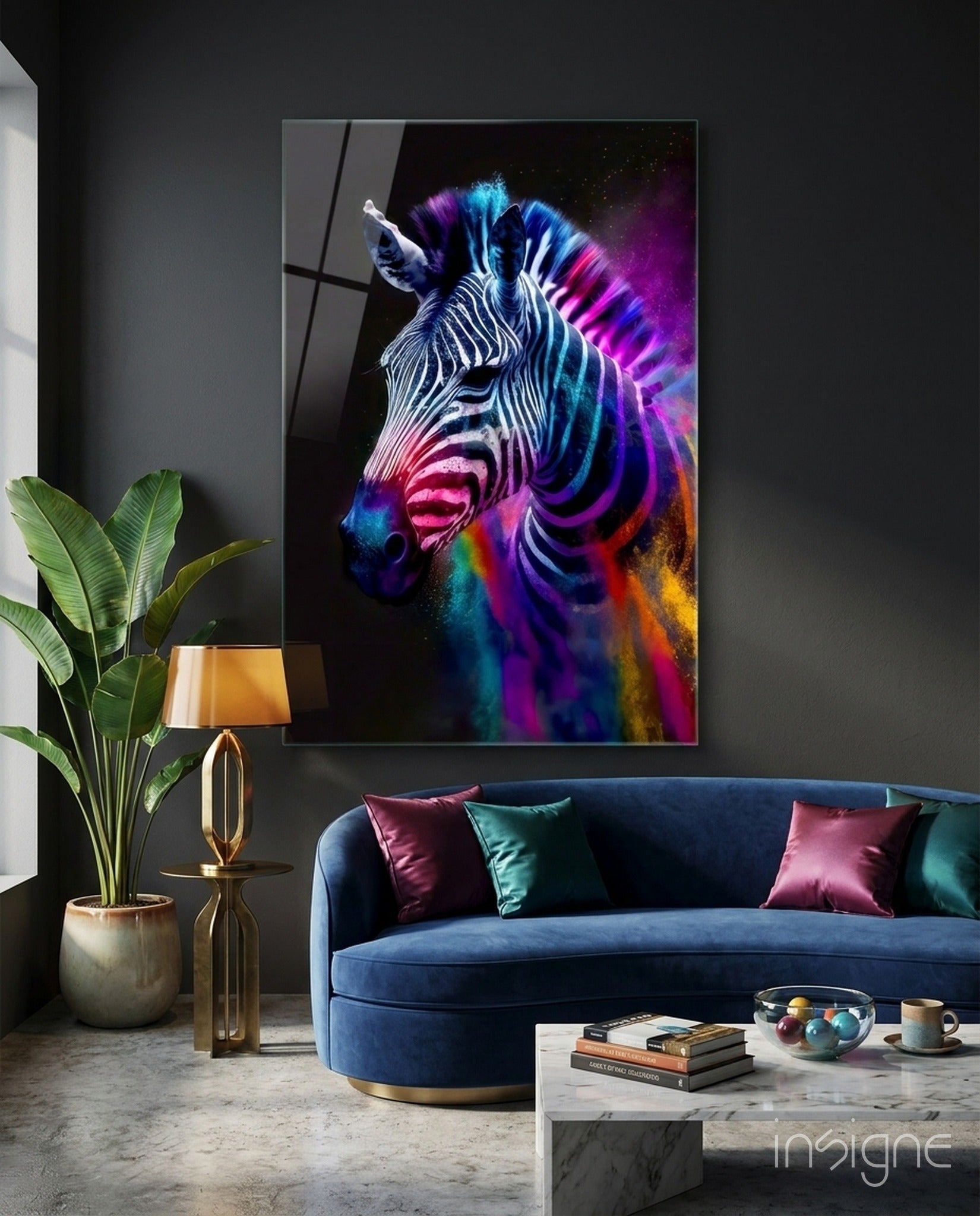 Neon zebra glass wall art rainbow colors