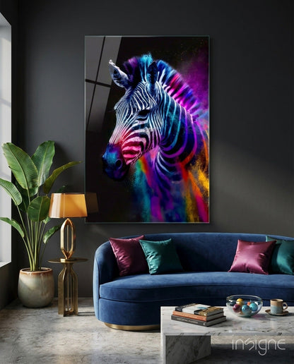 Neon zebra glass wall art rainbow colors