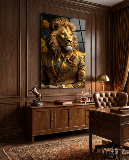 Regal lion portrait glass wall art, anthropomorphic lion in gold brocade jacket on tempered glass