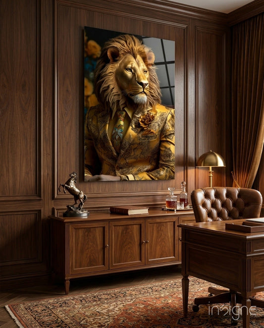 Regal lion portrait glass wall art, anthropomorphic lion in gold brocade jacket on tempered glass