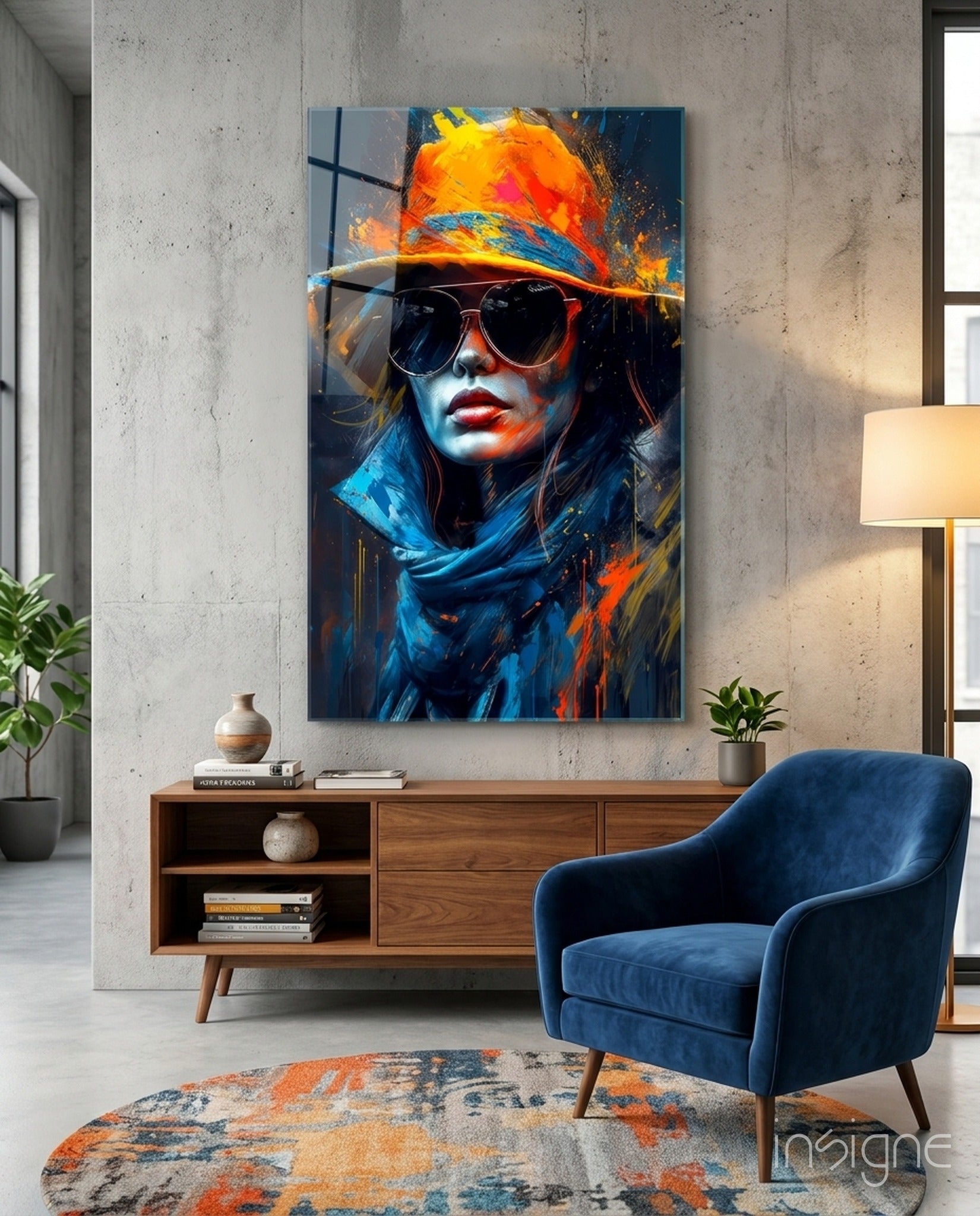 Fedora sunglasses woman paint splash glass wall art