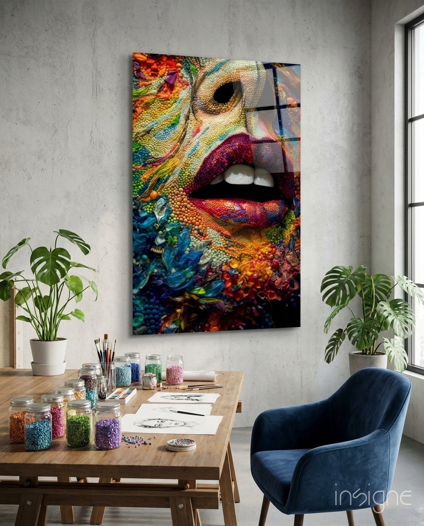 Lips and flowers glass wall art