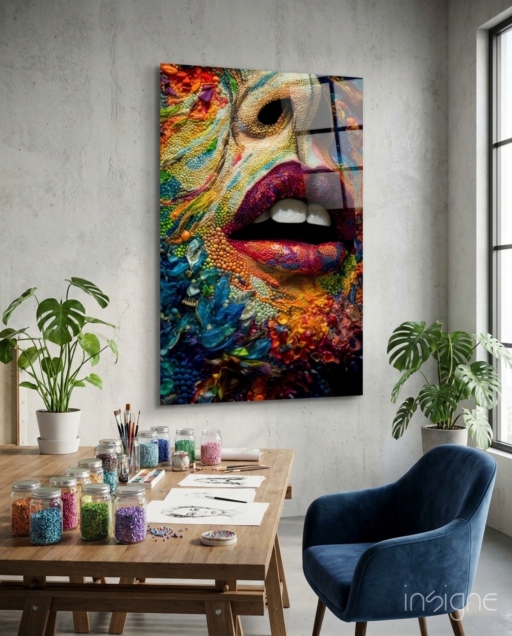Lips and flowers glass wall art
