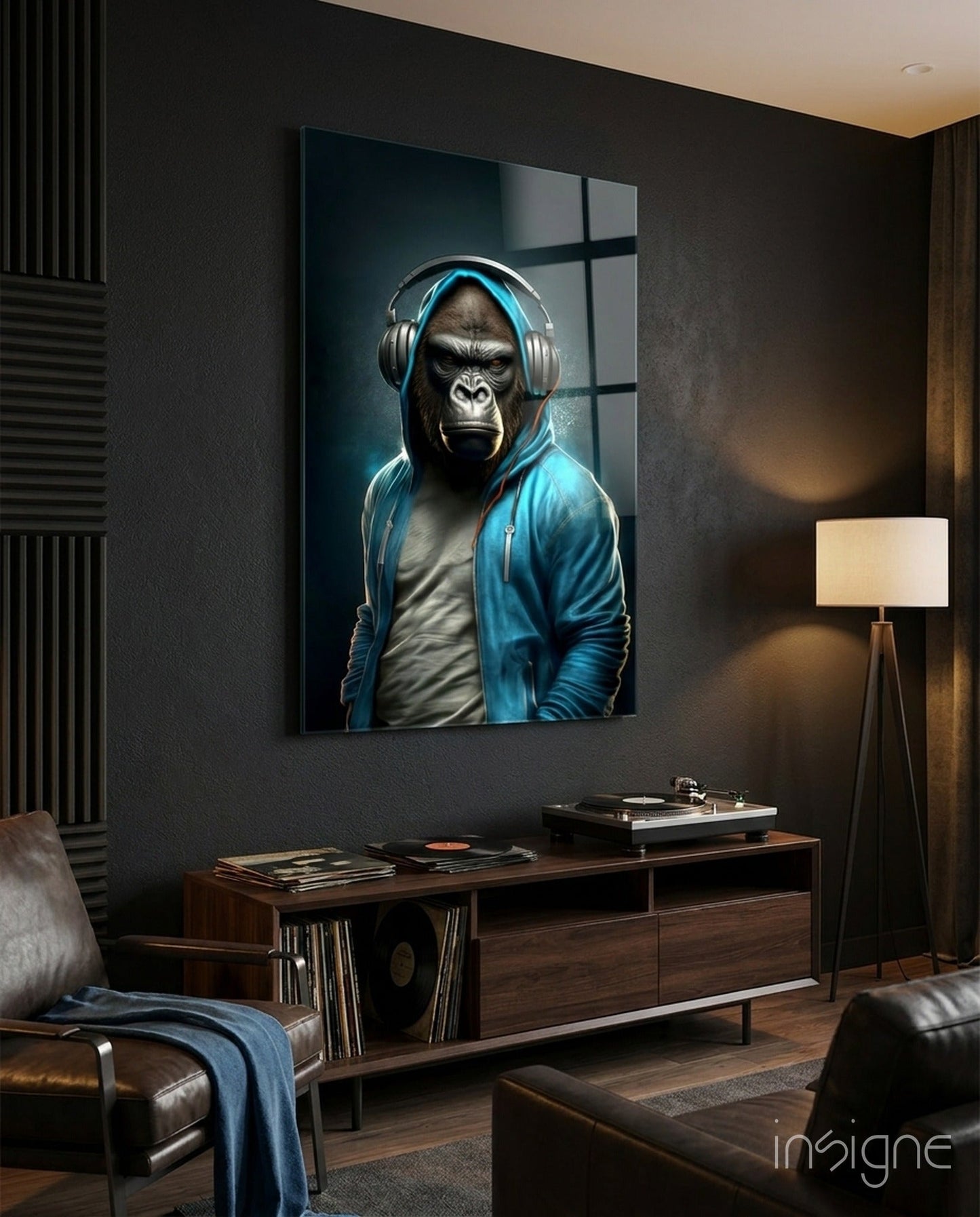 Animal Vogue cyan hoodie glass wall art hanging on a modern wall