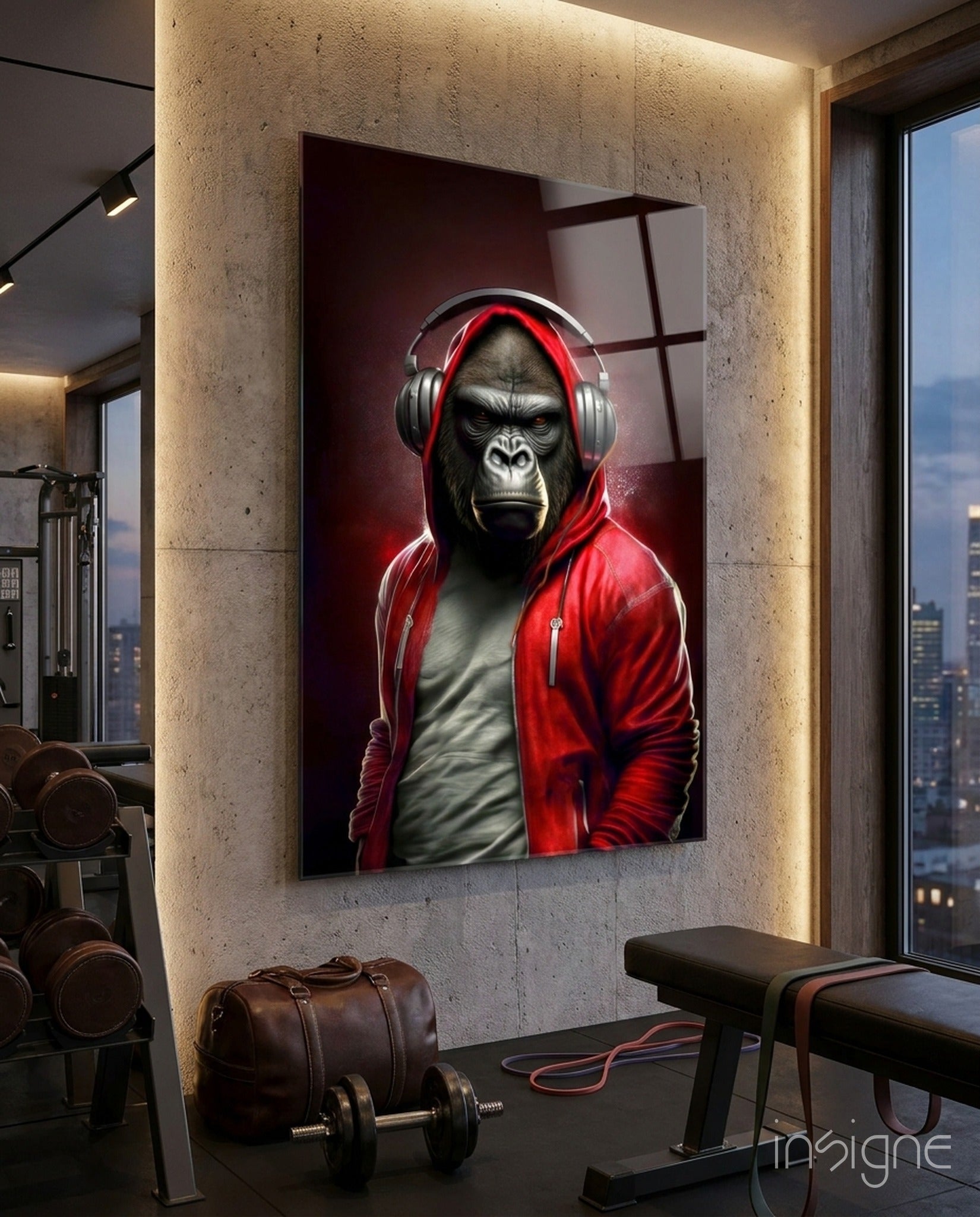 Animal Vogue scarlet hoodie glass wall art hanging on a modern wall