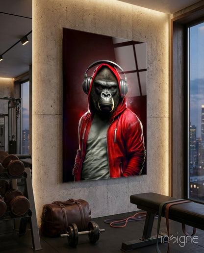 Animal Vogue scarlet hoodie glass wall art hanging on a modern wall