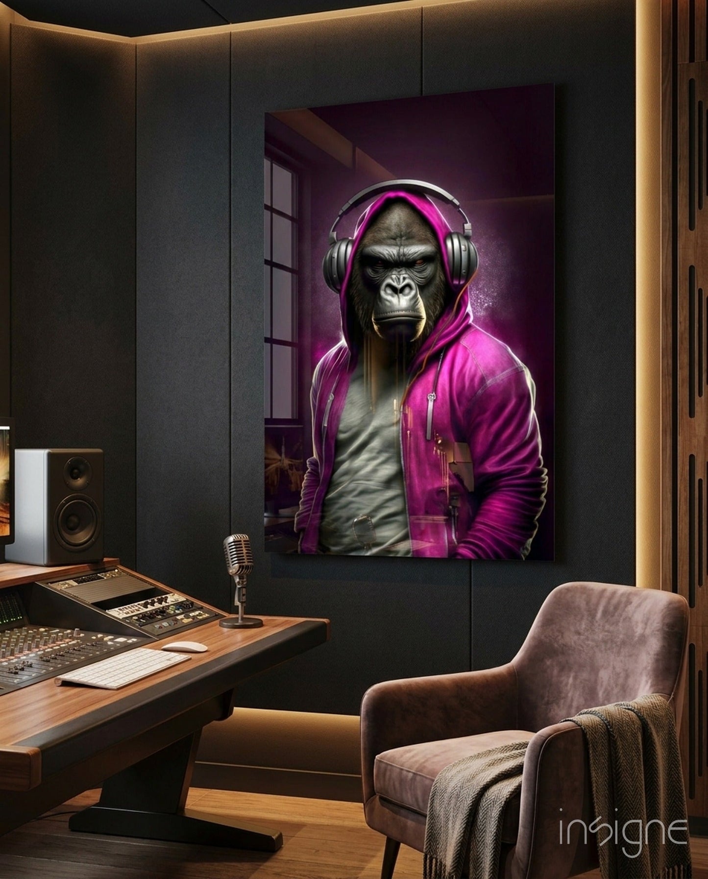 Animal Vogue glass wall art, a streetwear gorilla in a magenta hoodie on tempered glass