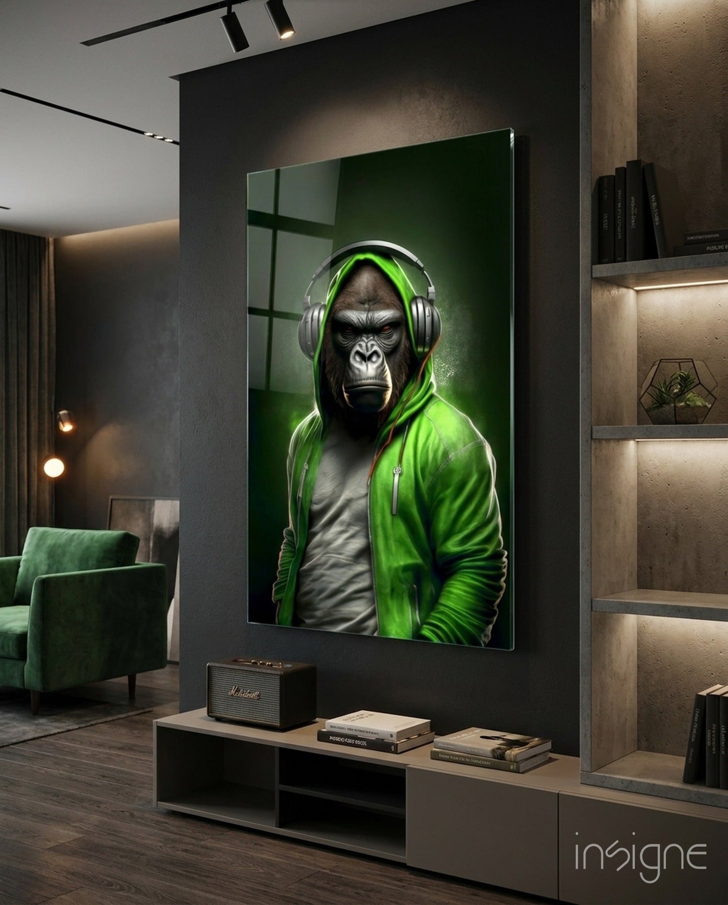 Animal Vogue lime hoodie glass wall art hanging on a modern wall