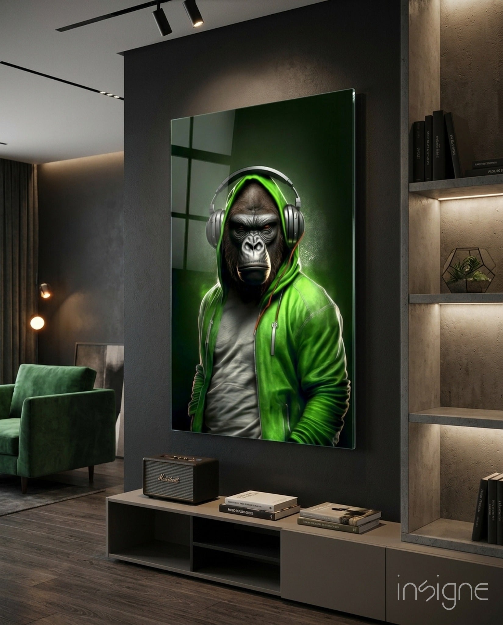 Animal Vogue lime hoodie glass wall art hanging on a modern wall