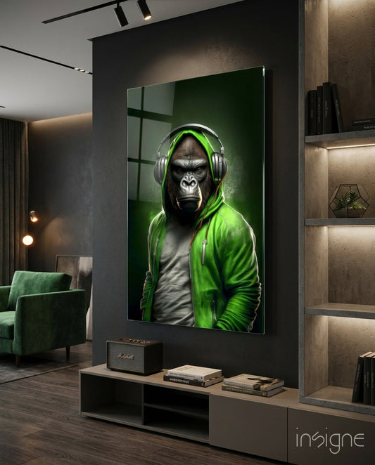 Animal Vogue lime hoodie glass wall art hanging on a modern wall