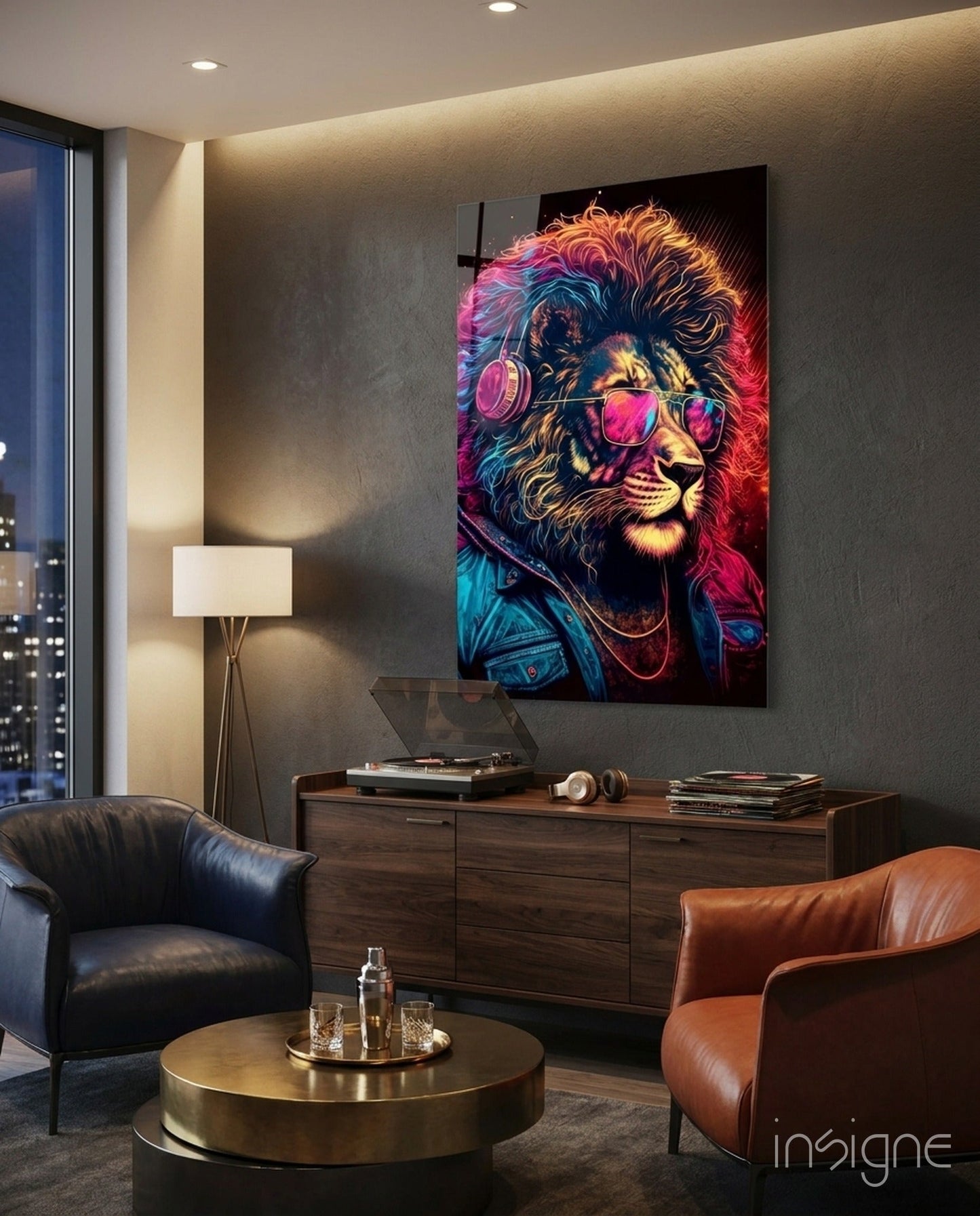 Charismatic lion glass wall art neon pop