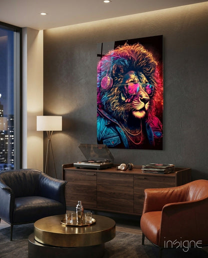 Charismatic lion glass wall art neon pop