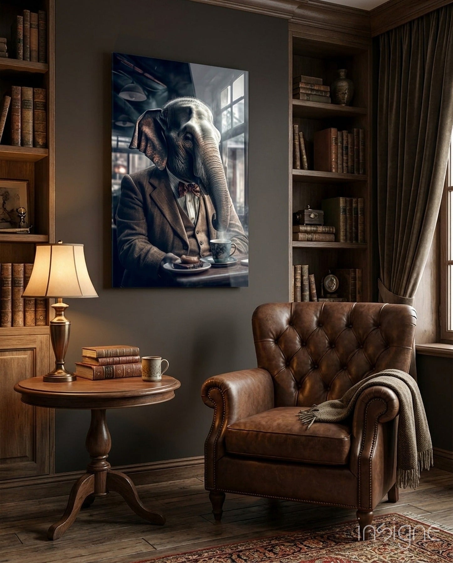 Gentleman elephant in tweed glass wall art vintage portrait tan sepia tempered glass