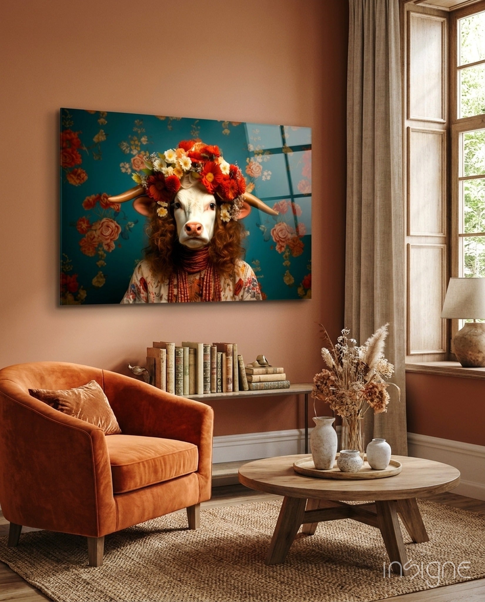 But Not Happy Glass Wall Art flower-crowned cow