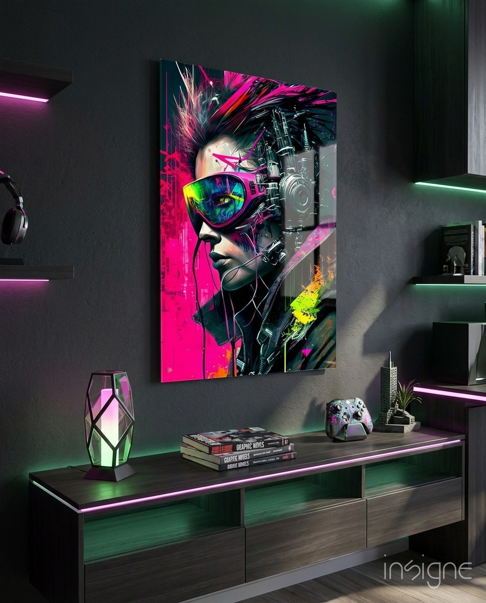 Cyberpunk Portrait Glass Wall Art neon chrome visor figure