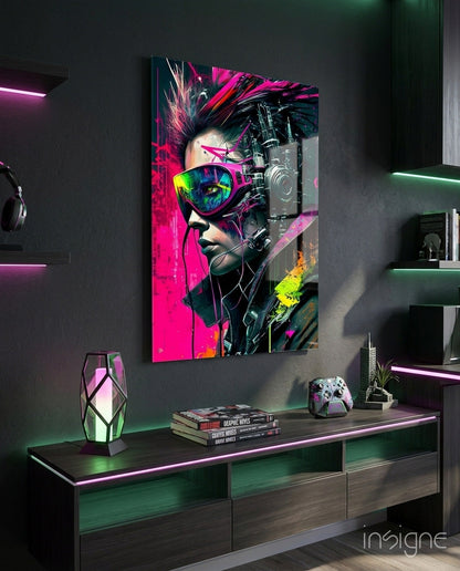 Cyberpunk Portrait Glass Wall Art neon chrome visor figure