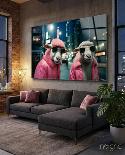 Dapper sheep duo glass wall art