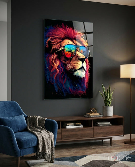 Charismatic lion pop art glass wall art in a media room