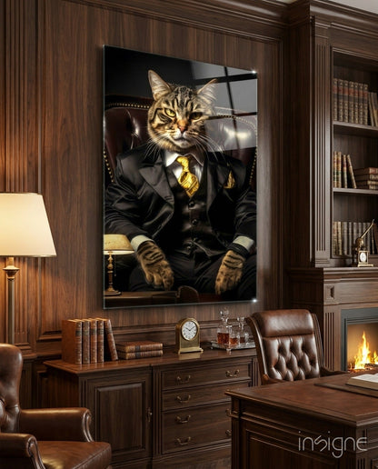 The Boss glass wall art suited cat