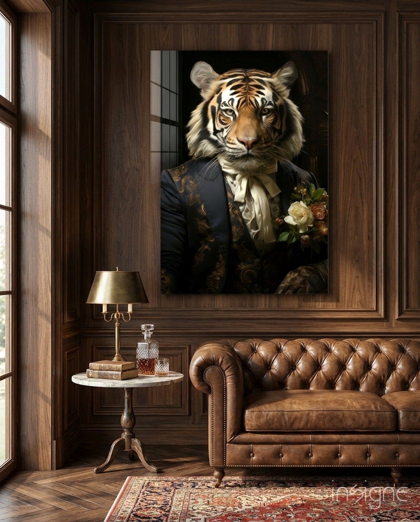 Brocade suit tiger with cravat glass wall art