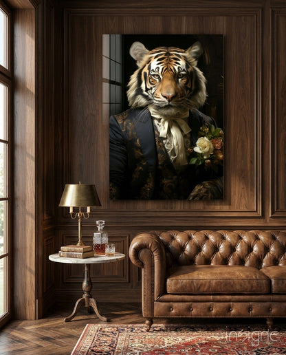 Brocade suit tiger with cravat glass wall art