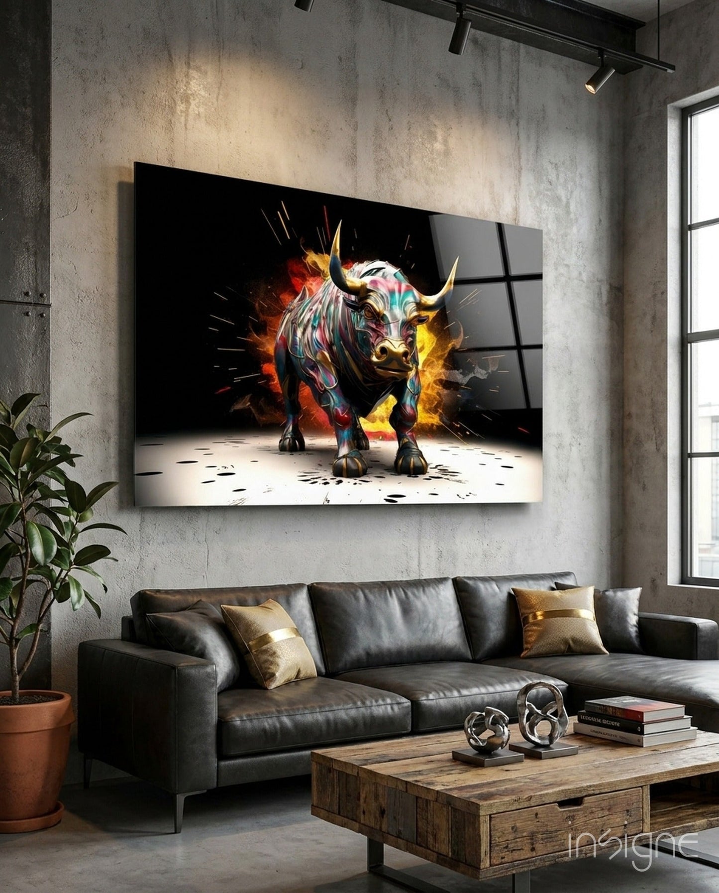 Bull Glass Wall Art with charging bull design
