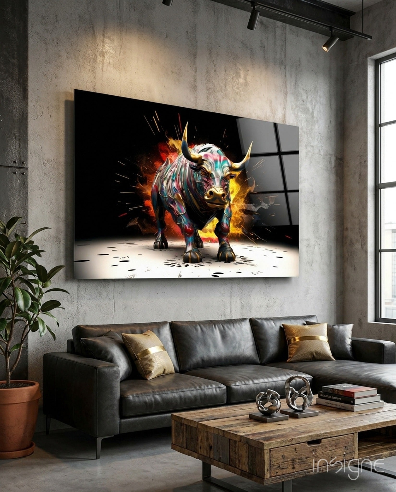 Bull Glass Wall Art with charging bull design