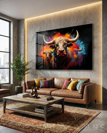 Bull pop-graffiti silhouette tempered glass wall art