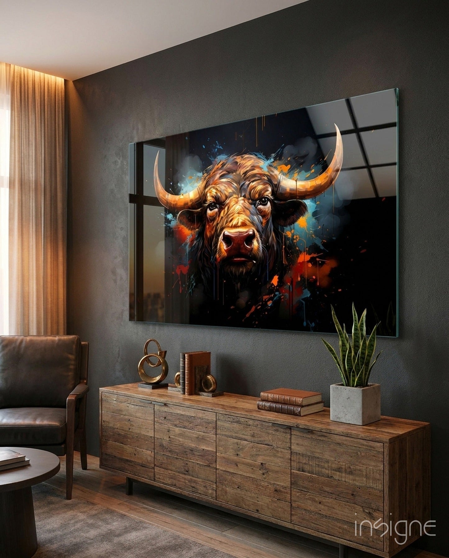 Bull amber painterly portrait tempered glass wall art