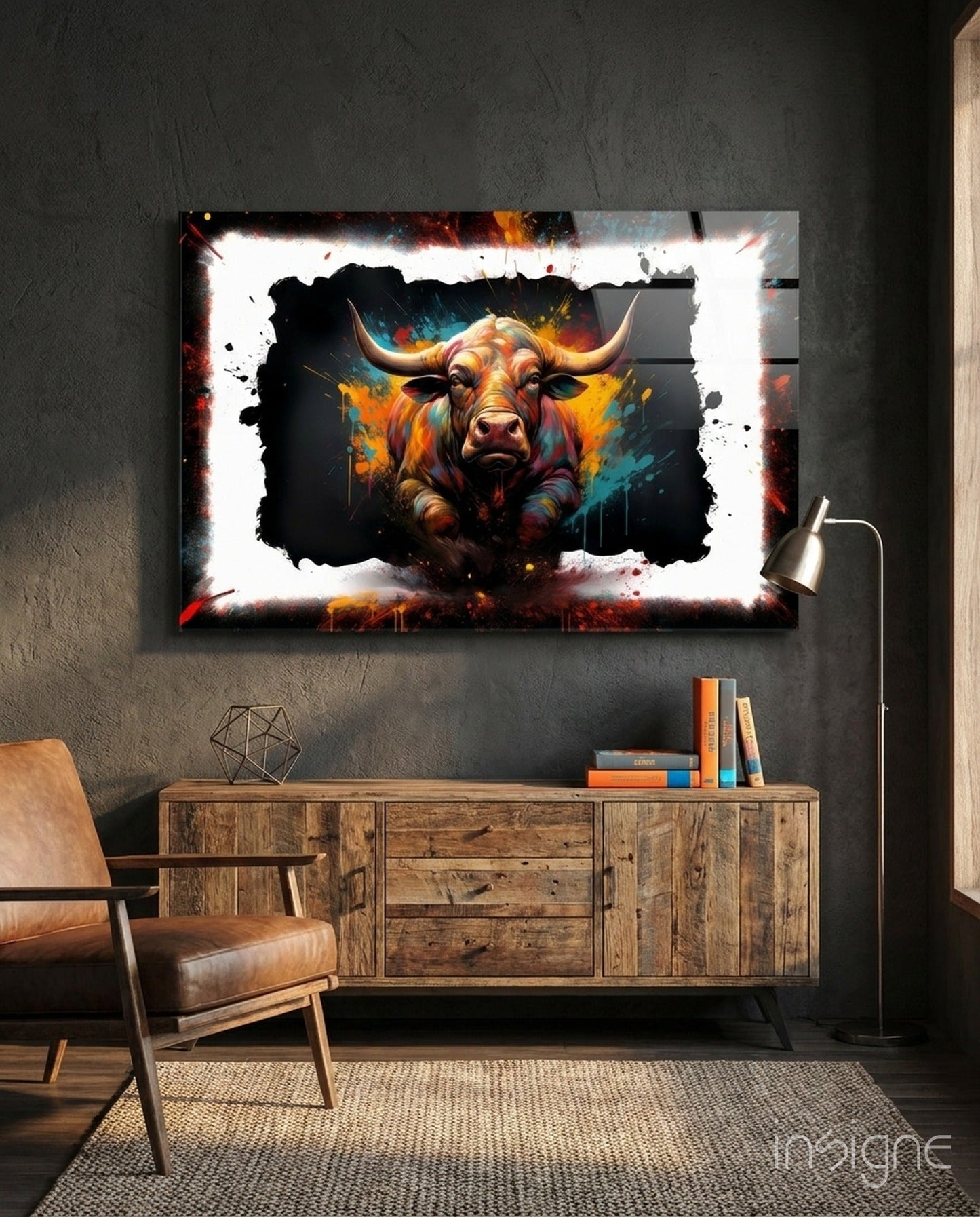 Bull Glass Wall Art with framed pop-art design