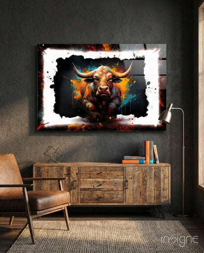 Bull Glass Wall Art with framed pop-art design