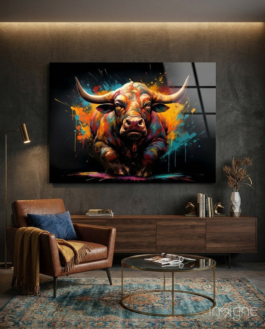 Bull pop-art splatter tempered glass wall art