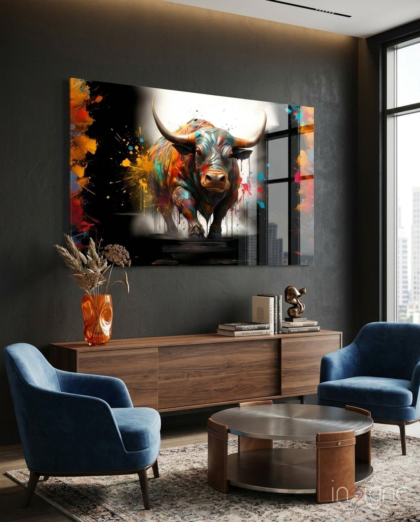 Bull Glass Wall Art with city skyline design