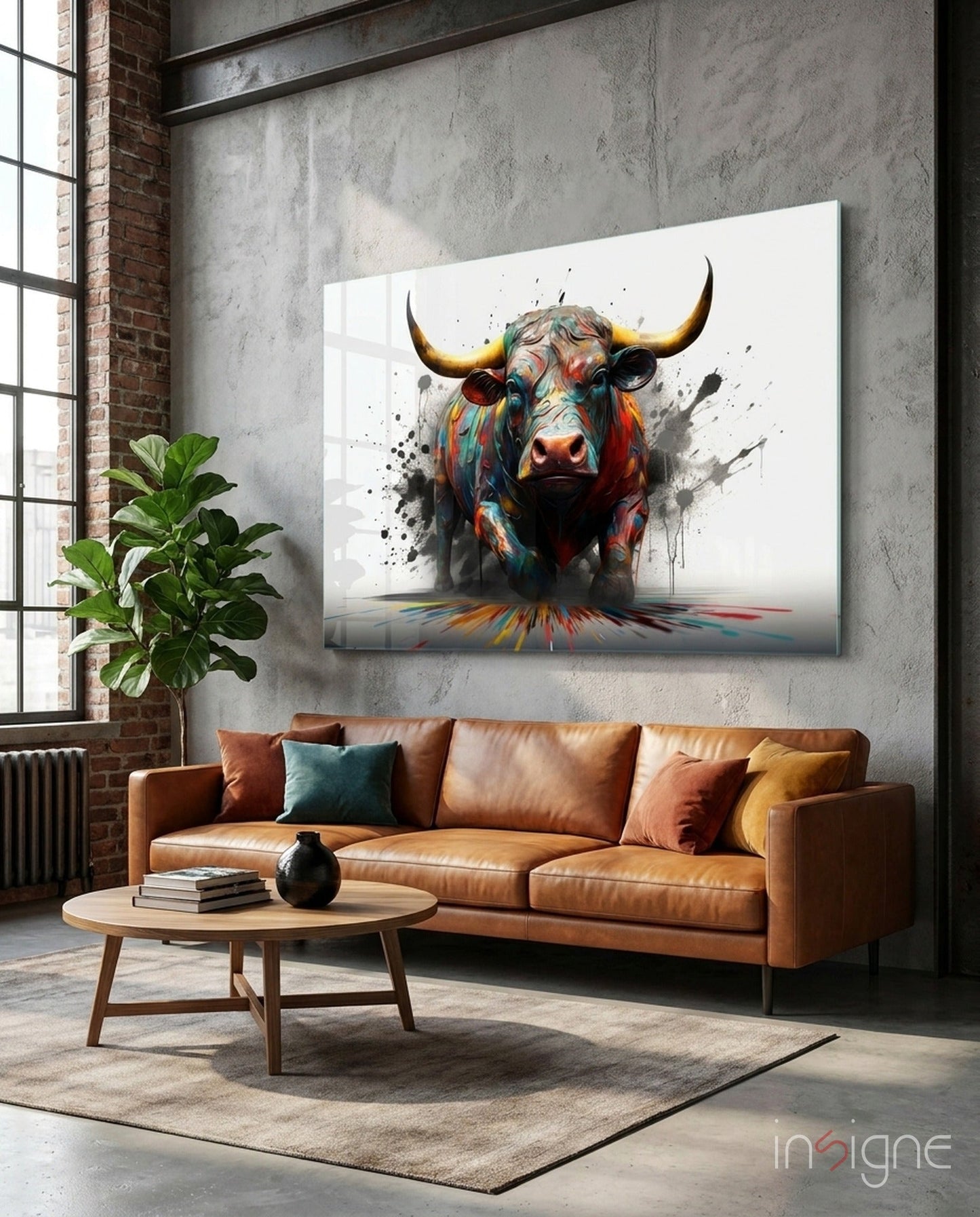 Bull glass wall art in pop-graffiti splatter color on tempered glass