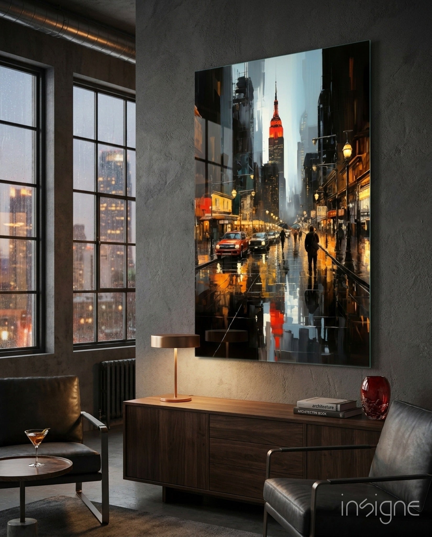 Empire State Twilight Glass Wall Art painterly NYC cityscape