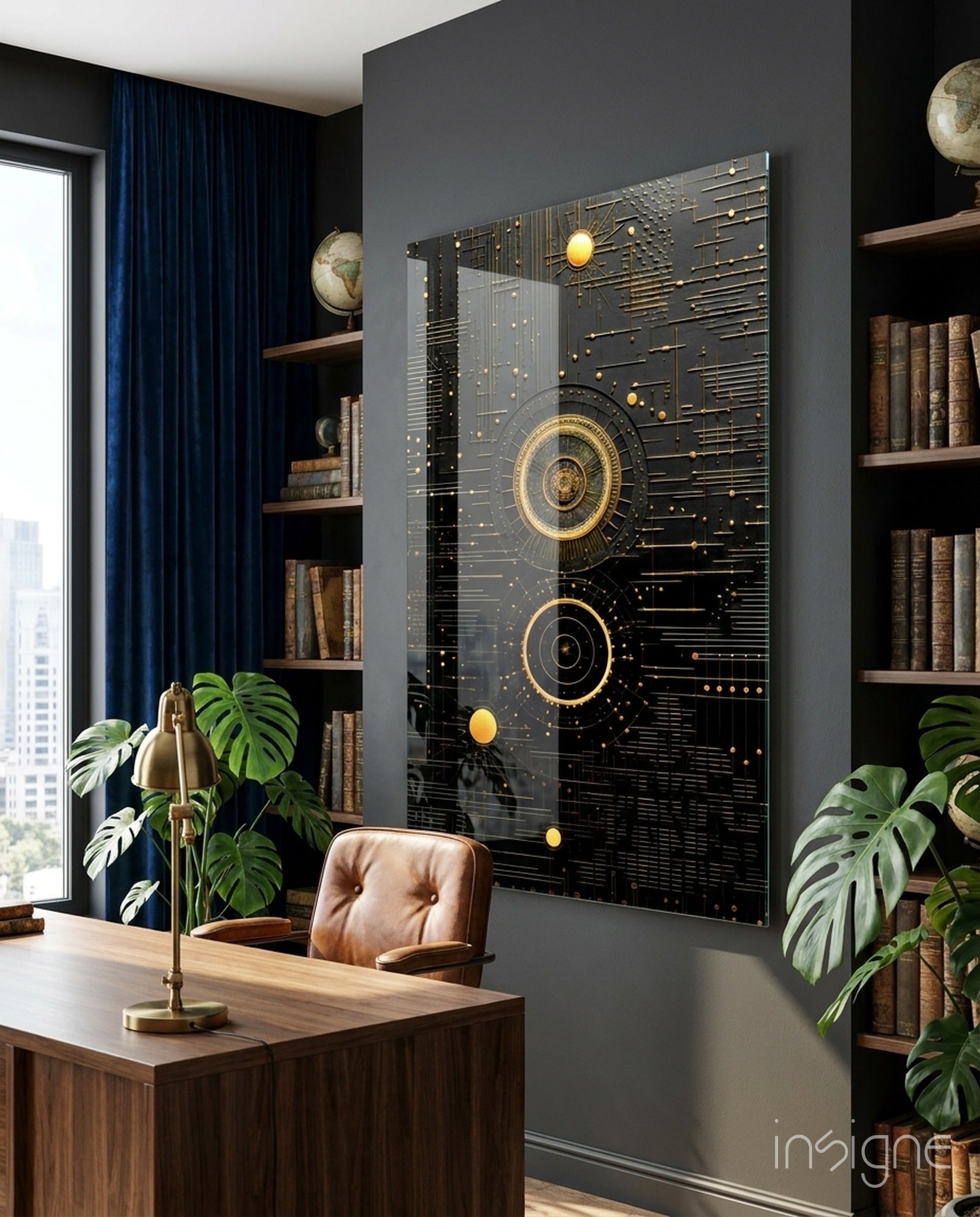 Ancient Sky glass wall art hanging on a modern wall