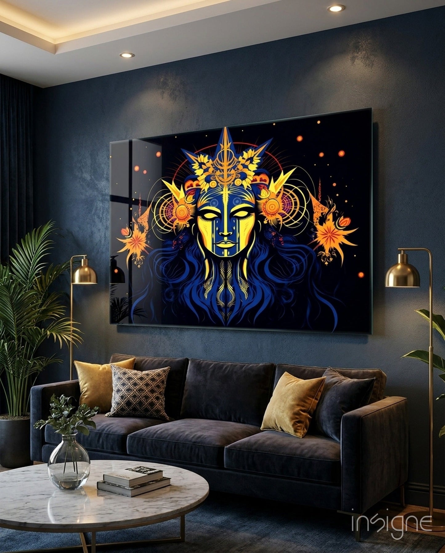 Astrologer Glass Wall Art with golden celestial mystic figure
