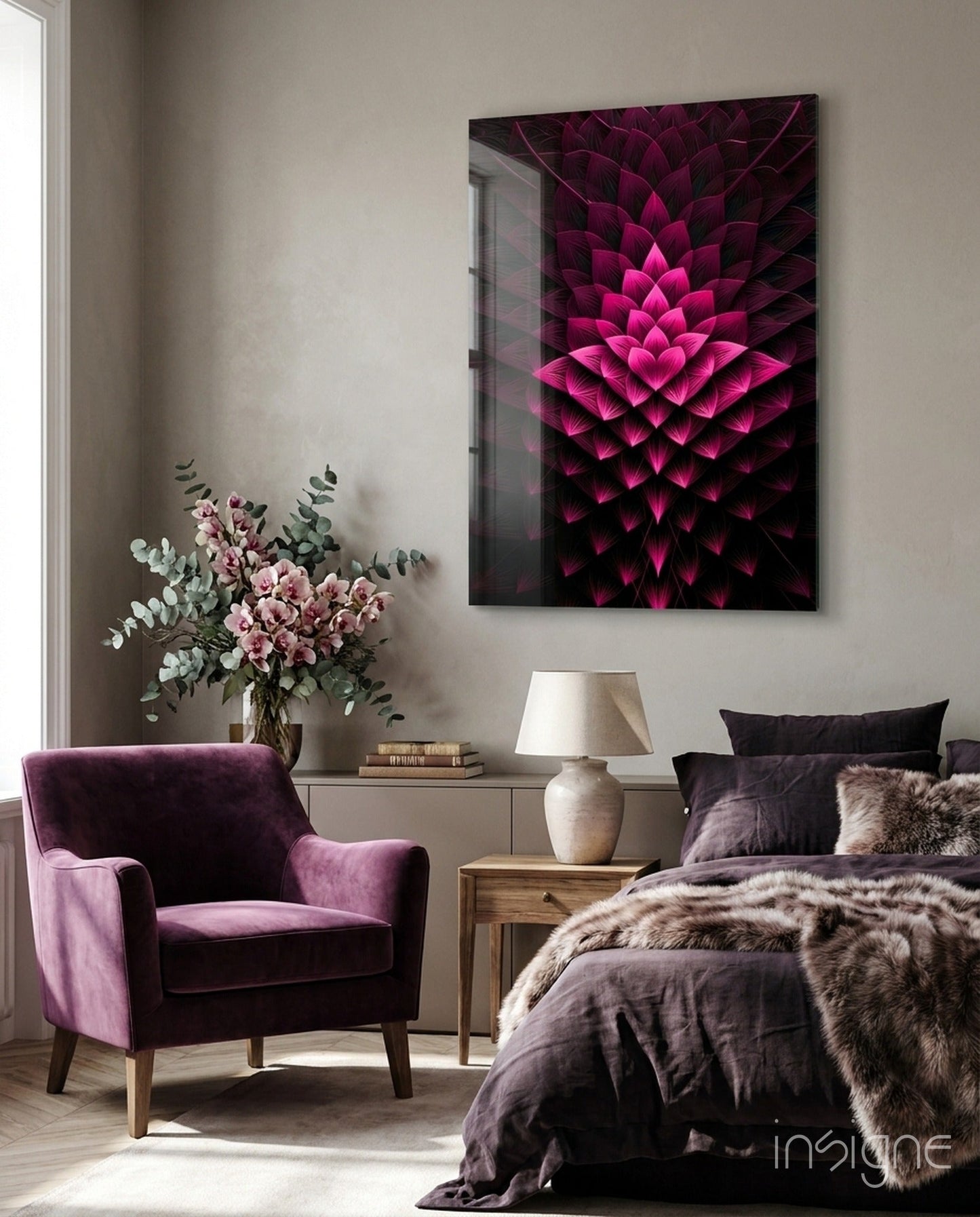 Magenta lotus fractal glass wall art
