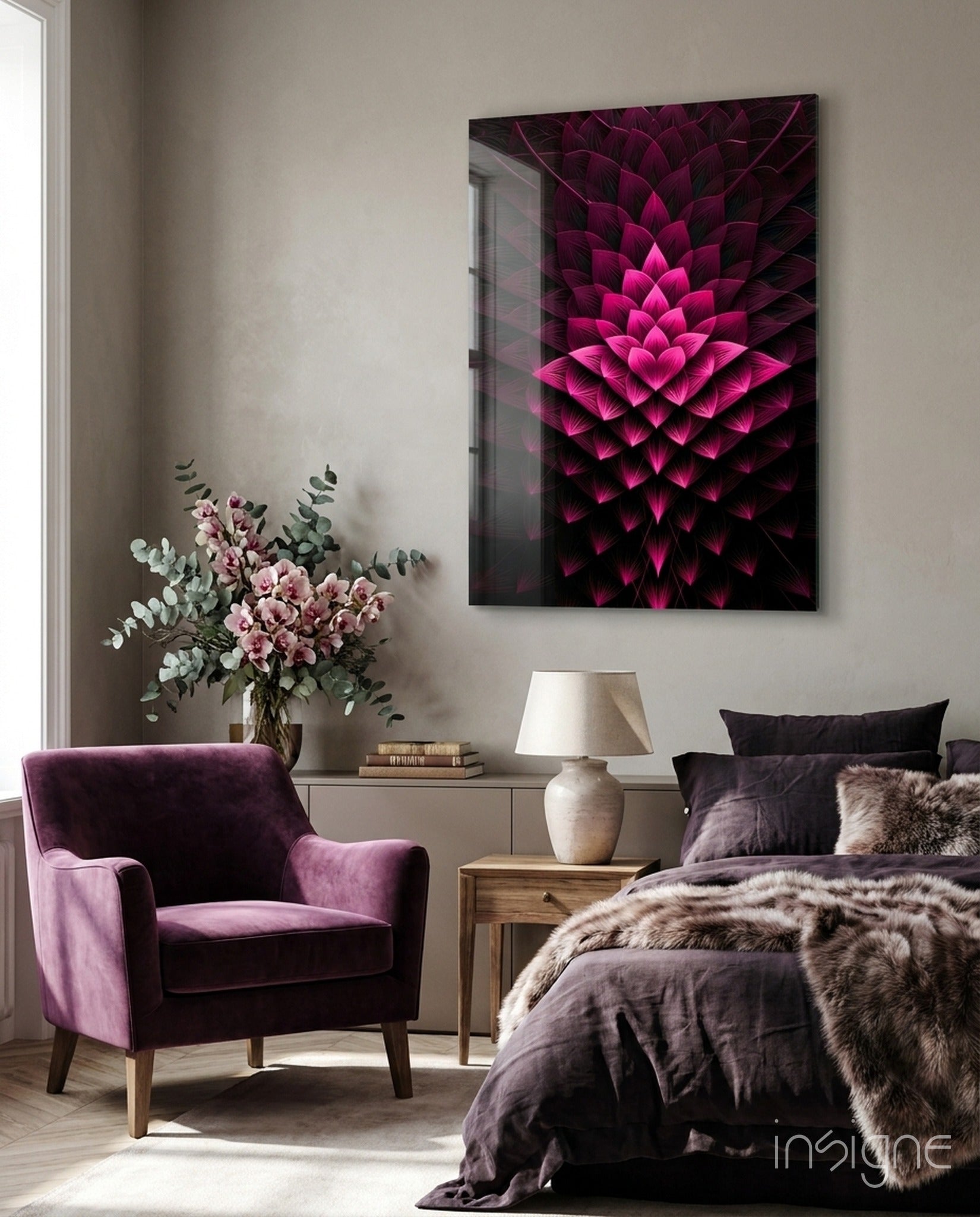 Magenta lotus fractal glass wall art