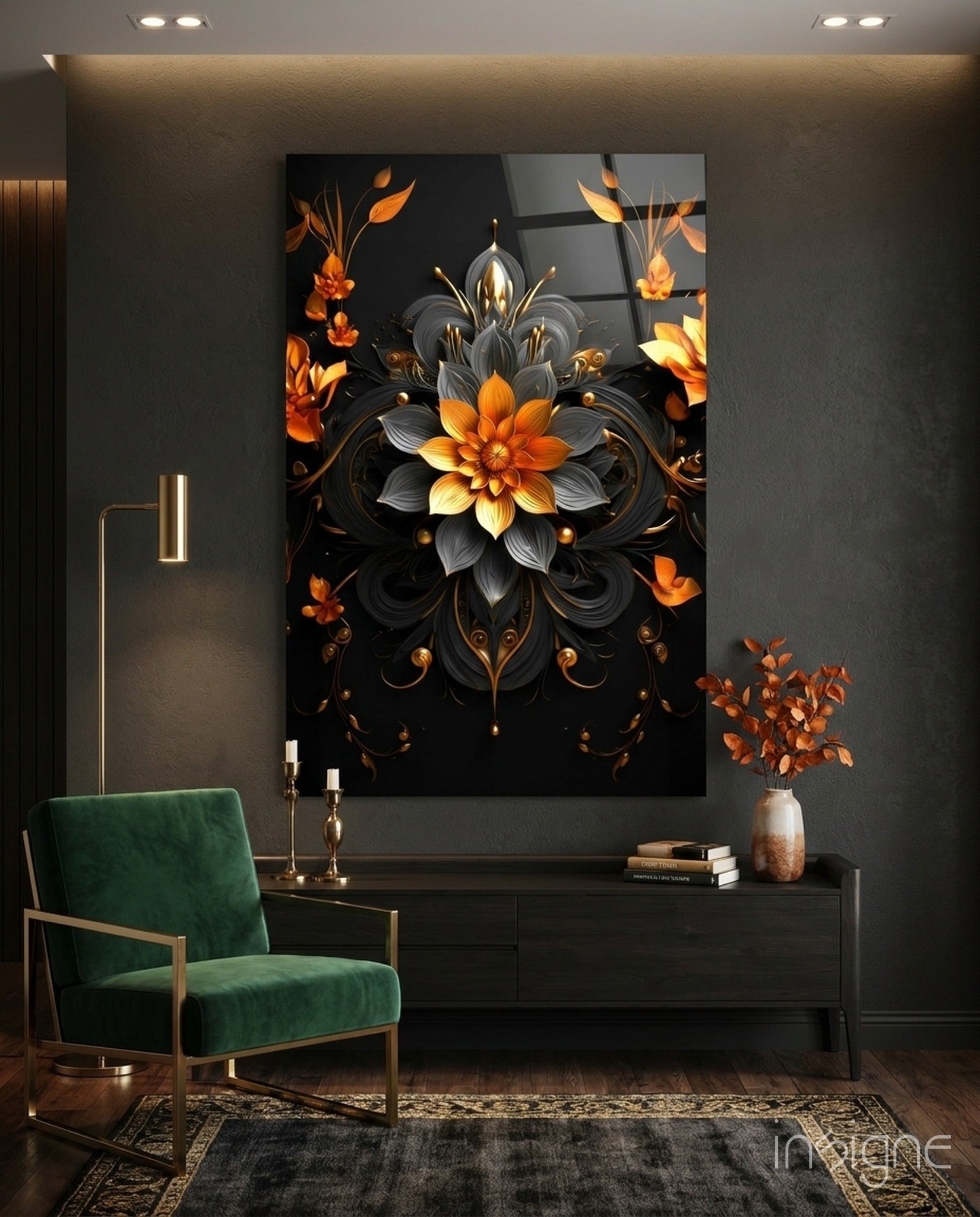 Black and gold floral mandala glass wall art