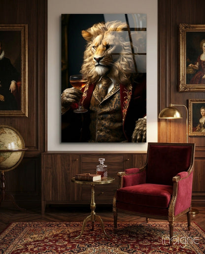 Lion in crimson military coat glass wall art