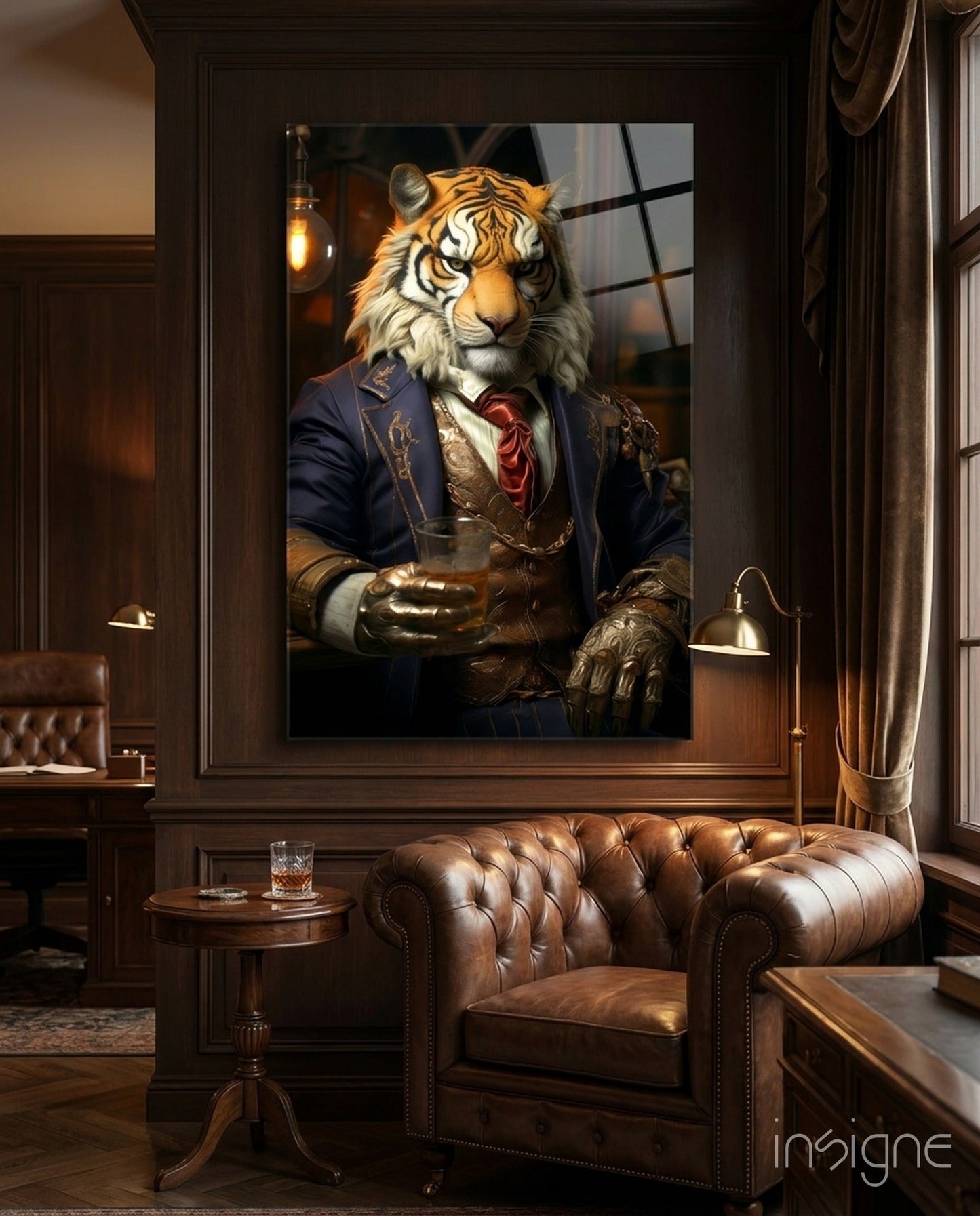 Duke tiger in suit glass wall art navy scarlet baroque portrait tempered glass