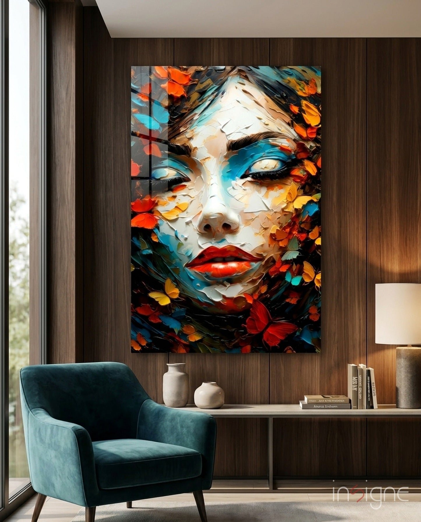 Red Lips Palette Knife Woman glass wall art painterly portrait
