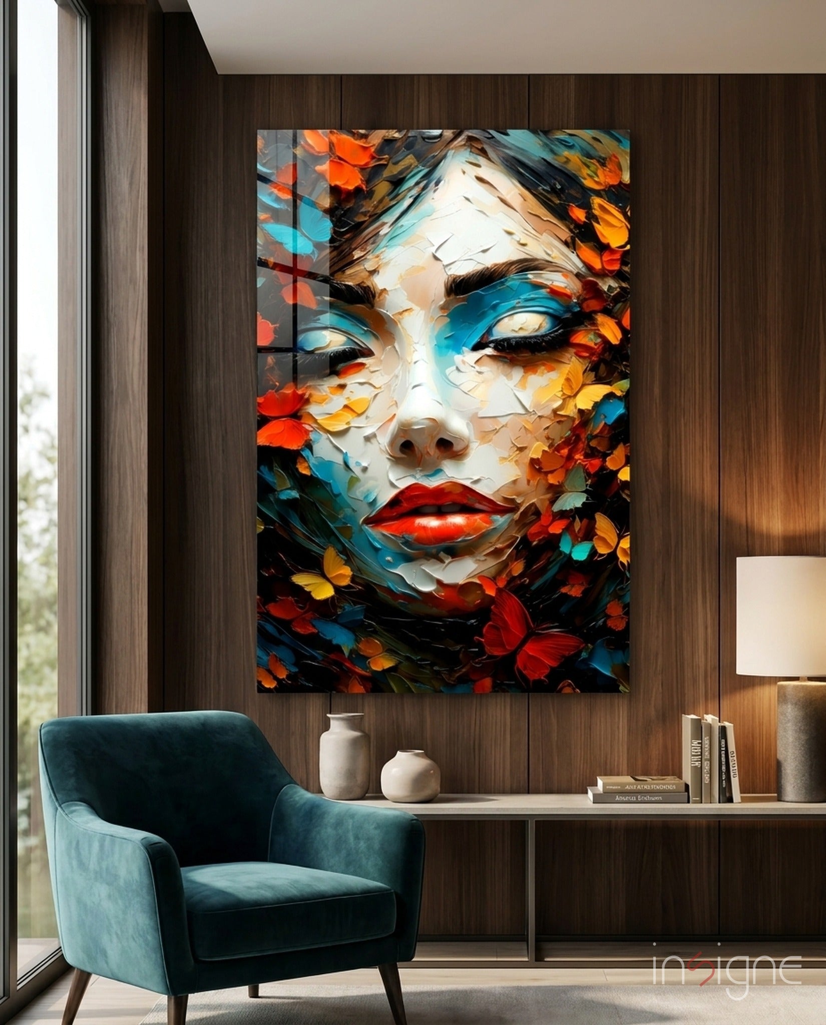 Red Lips Palette Knife Woman glass wall art painterly portrait